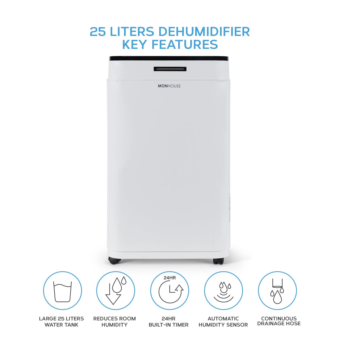 MONHOUSE 25L/Day Digital Dehumidifier - Sleep Mode, 24 HR Timer For Home, Laundry, Bedroom, Basement, Garage & Kitchen - Portable Electric Mould, Damp, Condensation Remover - Quiet Moisture Absorber