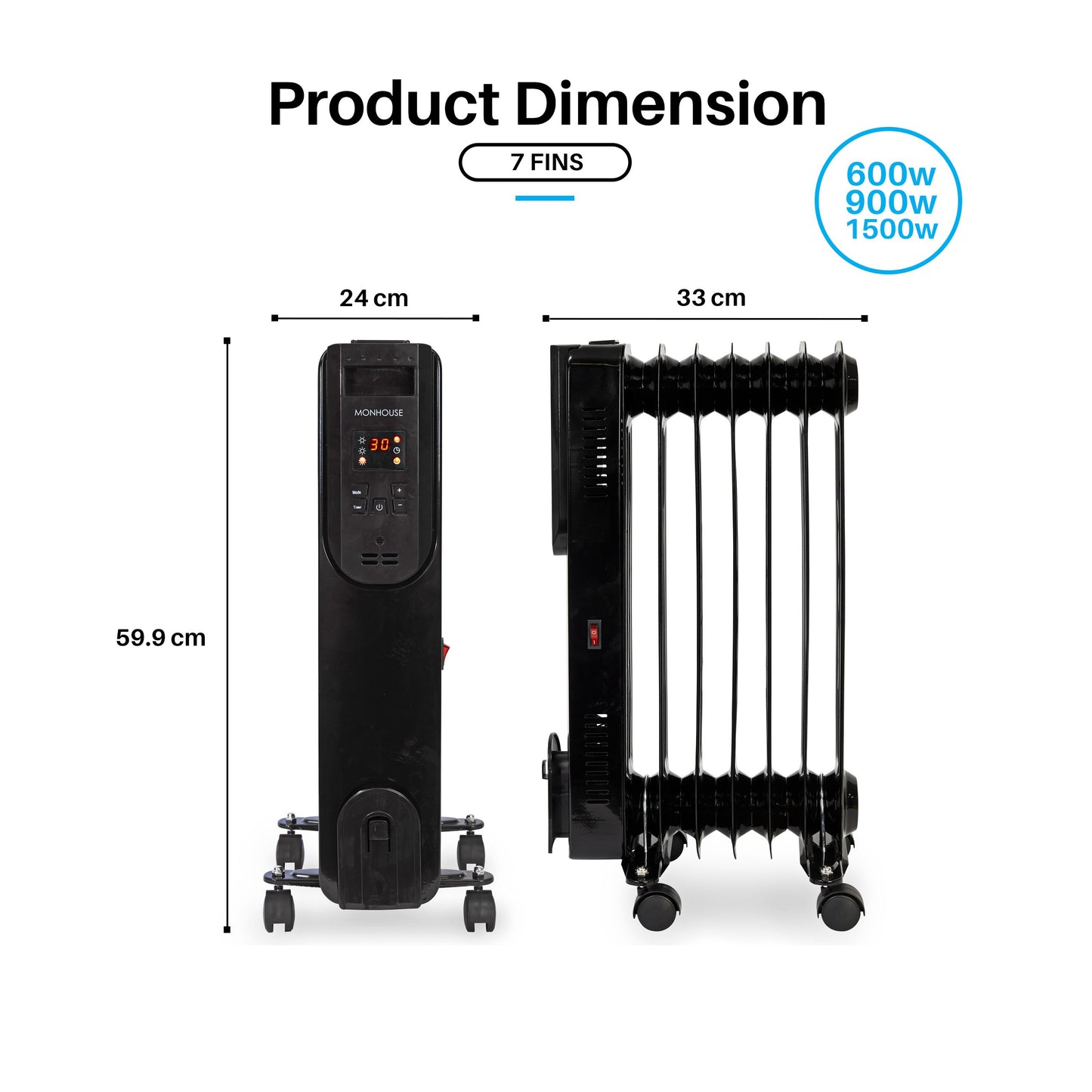 Digital Oil Filled Electric Heater Remote Control Powerful 7-11 Fins 600-2500W