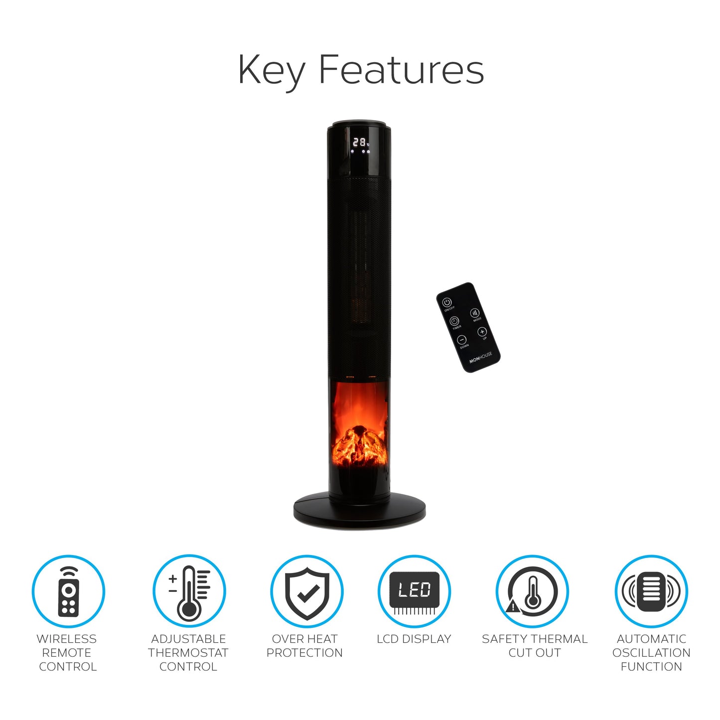 Tall Black Tower Fan Heater with Fireplace Ceramic Electric LED Remote 2000W