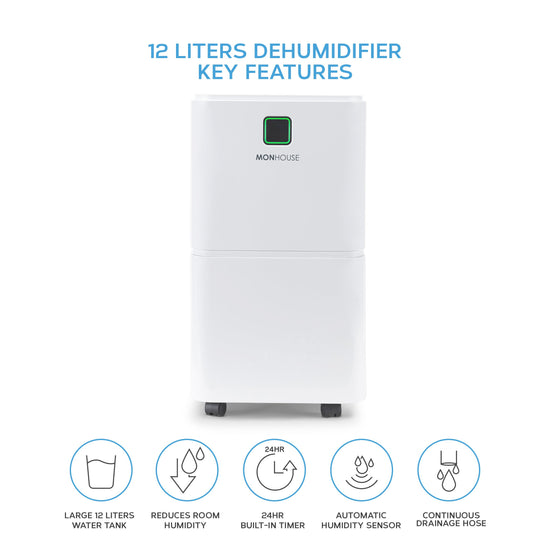 12L Dehumidifier 24hr Timer Damp, Mould, Condensation, Mildew, Moisture Remover